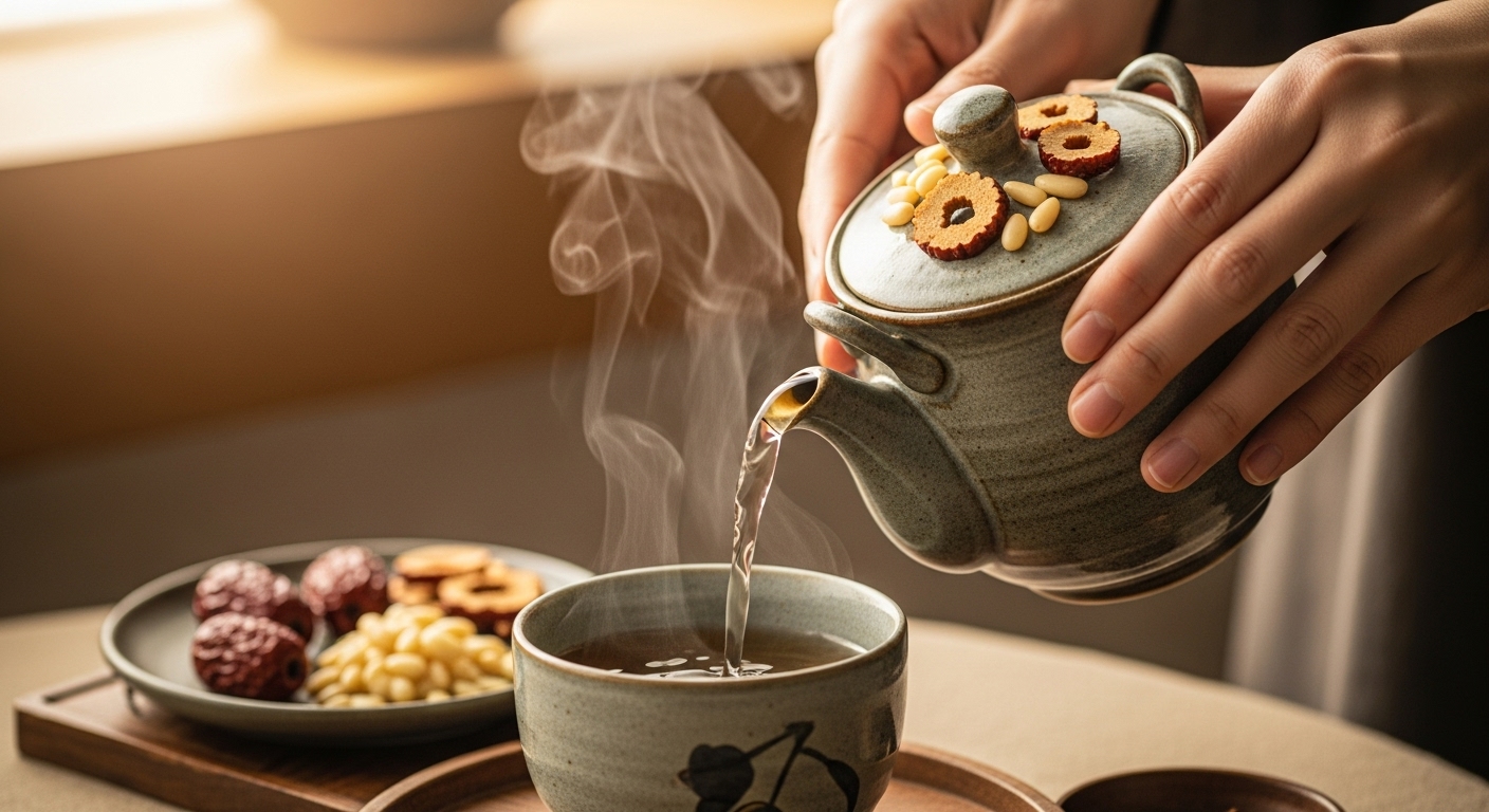 전통 도자기 주전자에서 갓 끓인 쌍화차가 찻잔으로 따라지는 따뜻한 순간. 김이 모락모락 피어나며 고명 재료들이 주변에 놓여 있습니다.