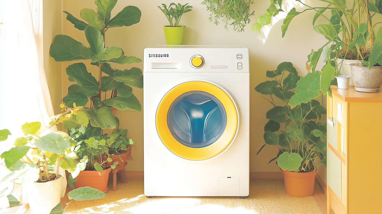 삼성 세탁기가 화려하고 친환경적인 가정에서 중심을 이루고 있으며, 주변에 풍성한 실내 식물들이 둘러싸고 있는 모습으로 에너지 효율성을 나타냄