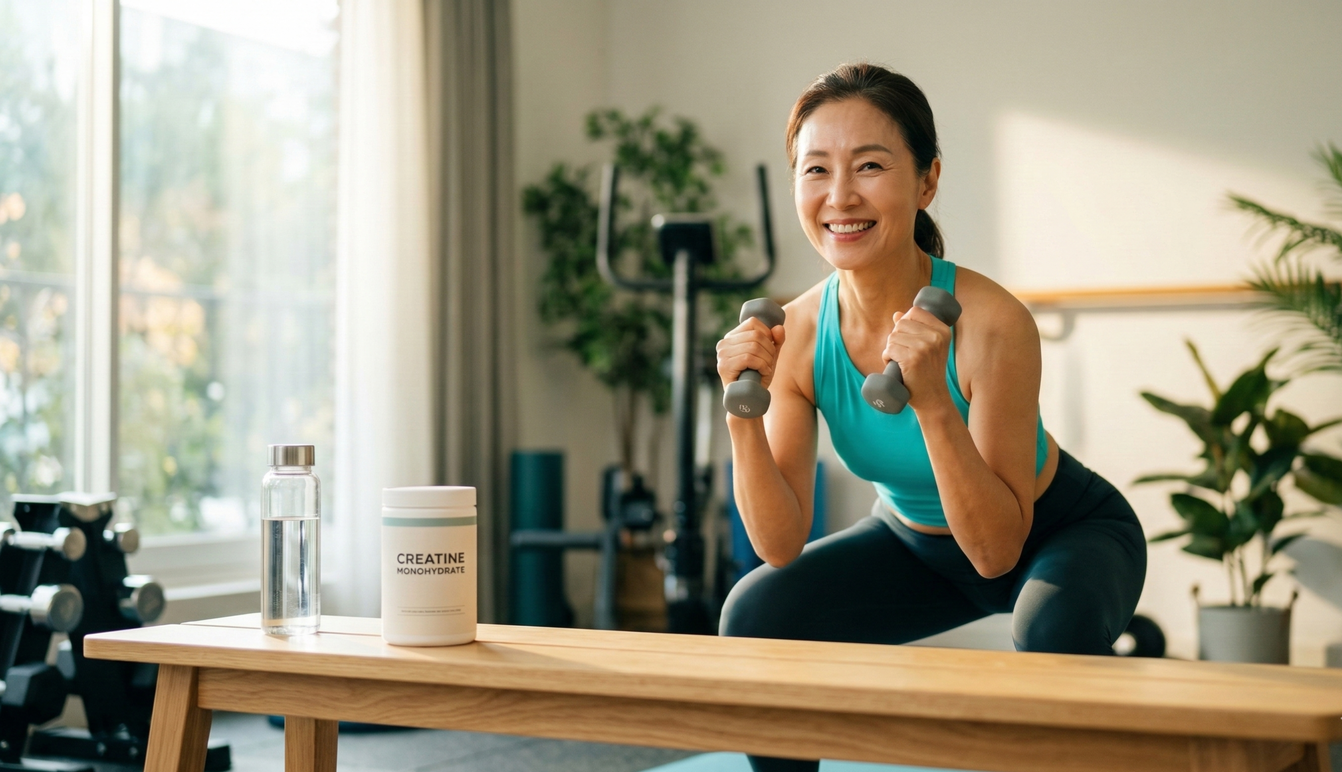 중년 여성이 집에서 아령 운동을 하며 크레아틴 모노하이드레이트 보충제와 물병을 함께 두고 근력운동을 하는 모습