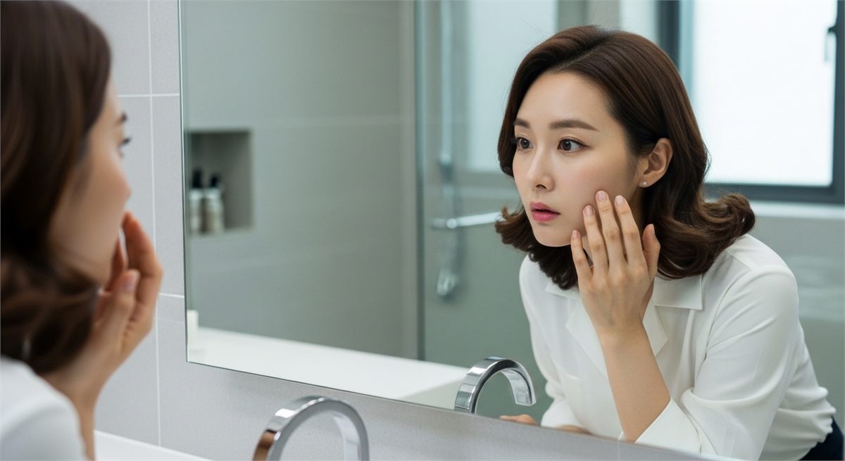 거울을 보며 얼굴 한쪽 증상을 확인하는 한국인 여성의 모습