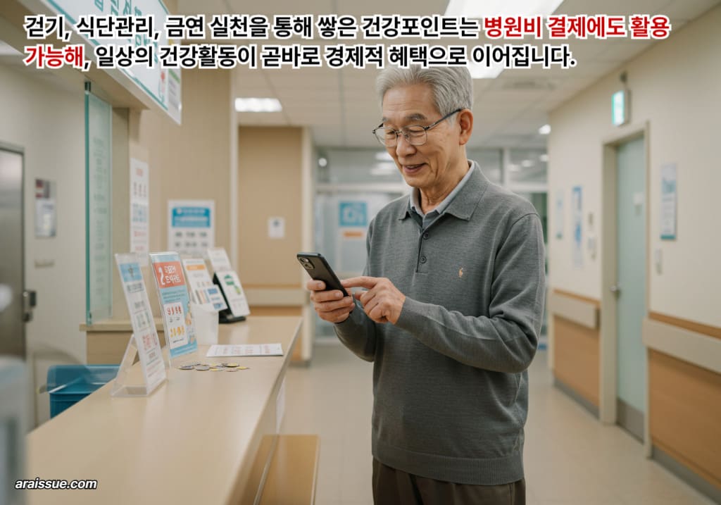 고령 남성이 건강생활실천지원금제 참여 후 스마트폰으로 포인트를 확인하고 병원에서 실제 결제에 활용하는 장면으로, 일상 실천이 실질적인 의료비 절감으로 이어지는 제도를 보여줍니다.