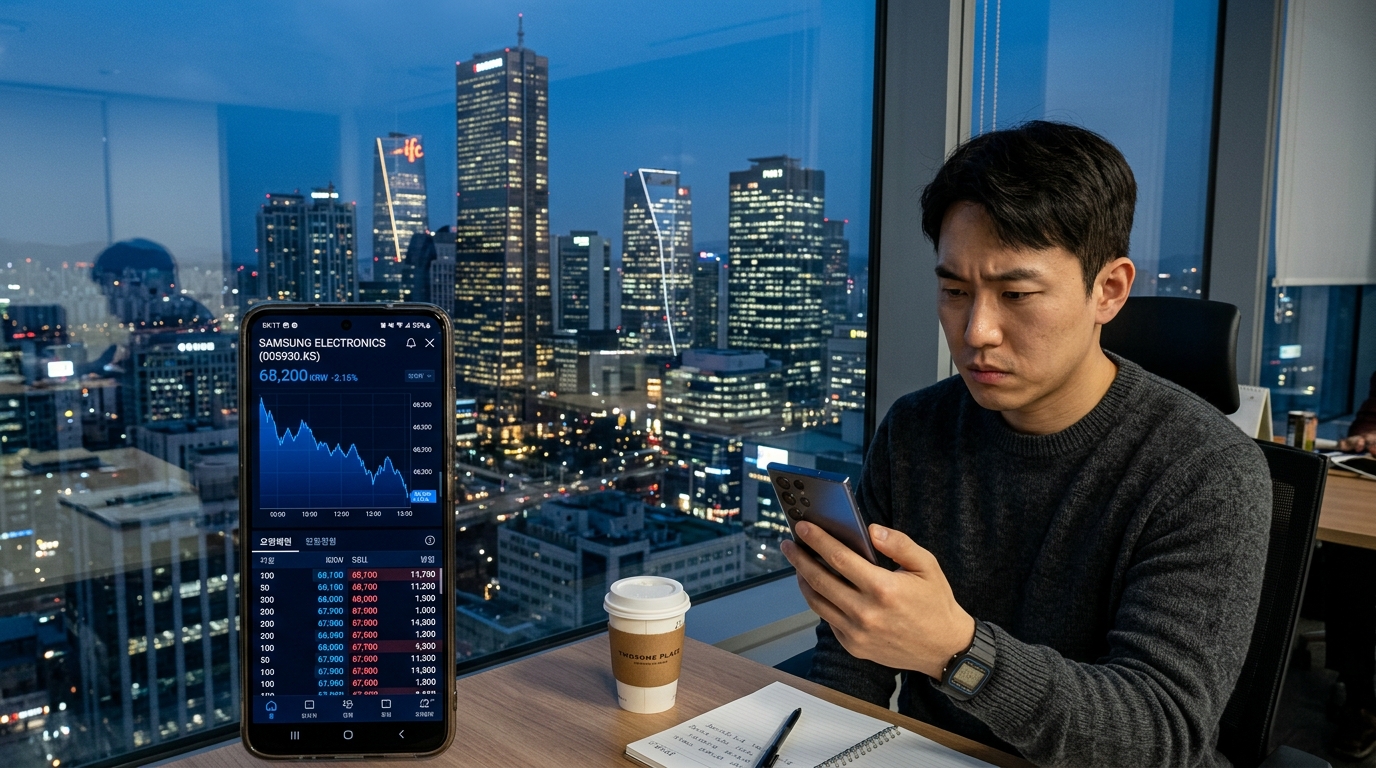 파업으로 하락 중인 삼성전자 주식 차트를 분석하는 개인 투자자