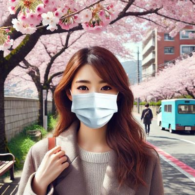 알레르기비염으로 마스크를 하고 꽃나무 아래를 걷는 여성