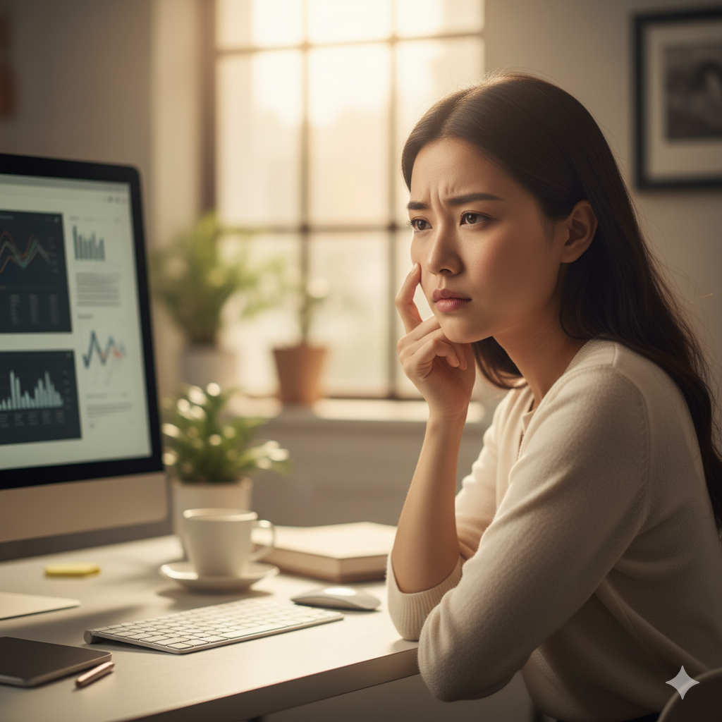 오후 햇살이 비치는 사무실, 지적인 20대 여성이 모니터를 보다 눈 밑이 떨리는 듯 살짝 미간을 찌푸린 모습.