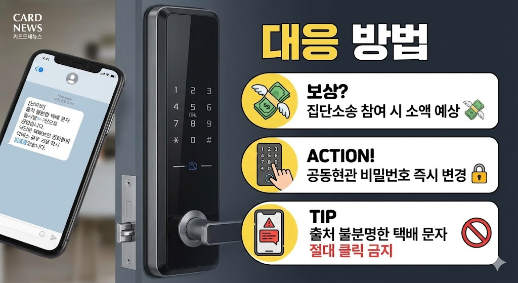스마트폰과 도어락 이미지를 배경으로, 사용자가 취해야 할 구체적인 행동 요령을 제시하는 카드뉴스입니다. 보상 관련 내용, 공동현관 비밀번호 변경, 스미싱 문자 주의 등의 실질적인 정보를 시각적으로 알기 쉽게 표현했습니다.
