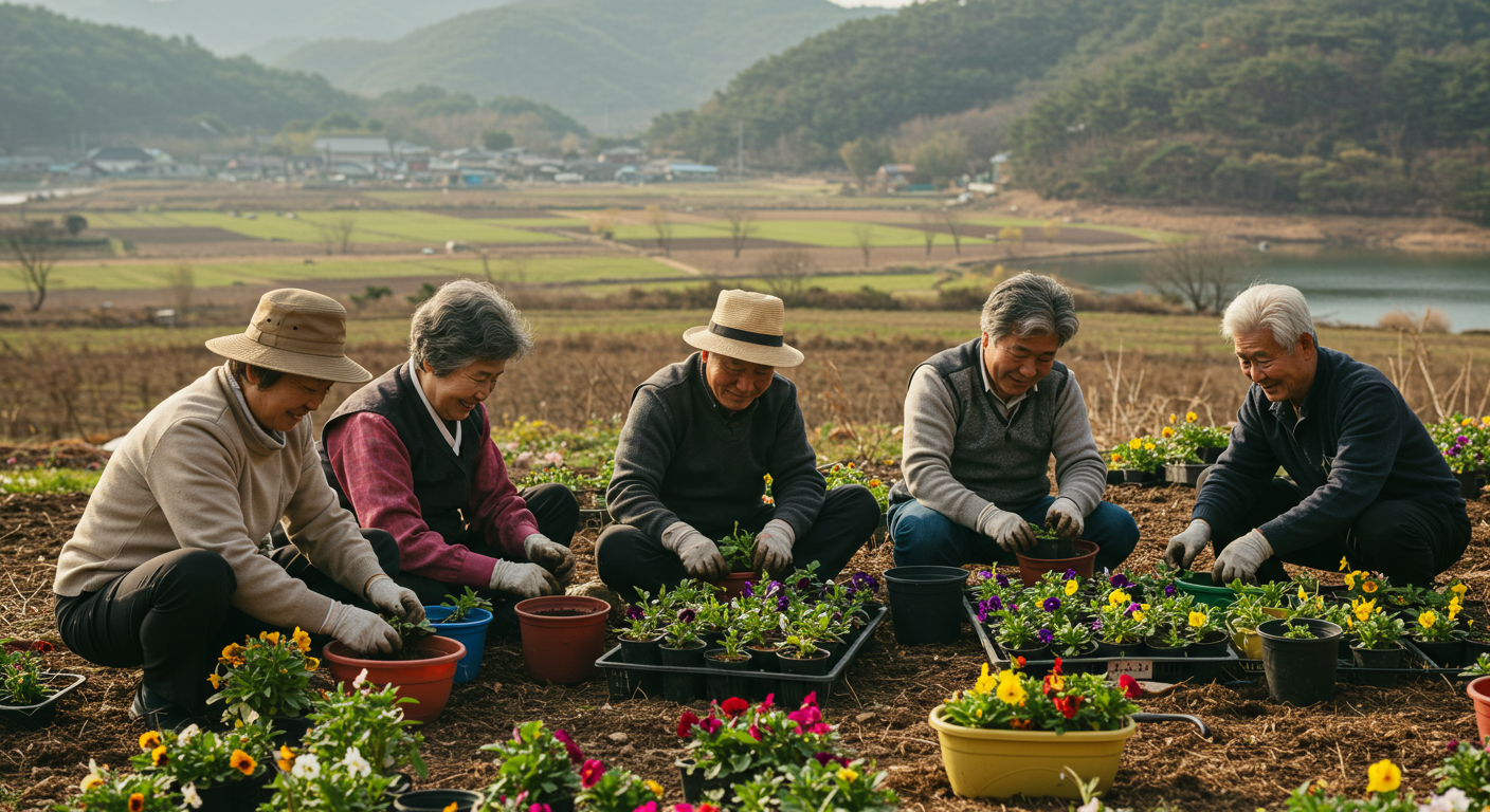 노인들이 정원 가꾸기를 하는 모습