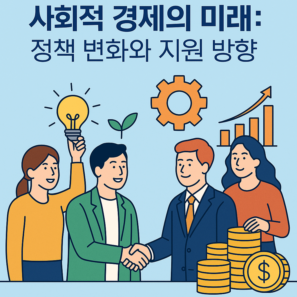 사회적 경제의 미래 문구와 사람들의 협력 모습을 이미지화