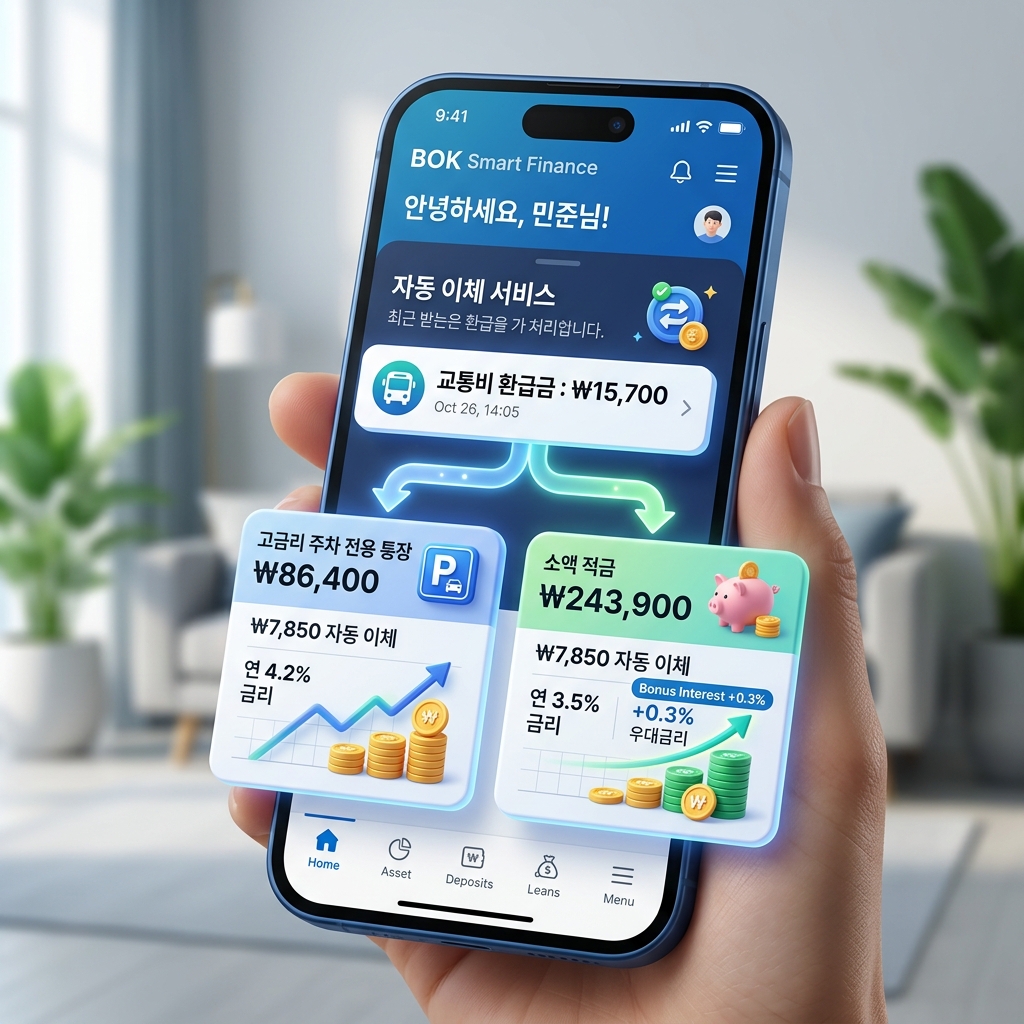 대중교통 환급금을 파킹통장 및 소액 적금으로 자동 연계하여 자산을 관리하는 개념도