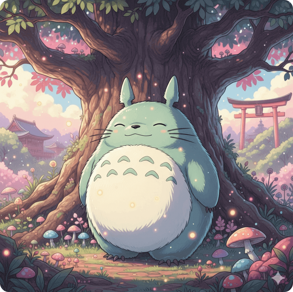 alt="일본 신토의 정령 숭배를 모티브로 한 숲속 정령 일러스트, 고목 아래 서 있는 따뜻한 생명체의 이미지"