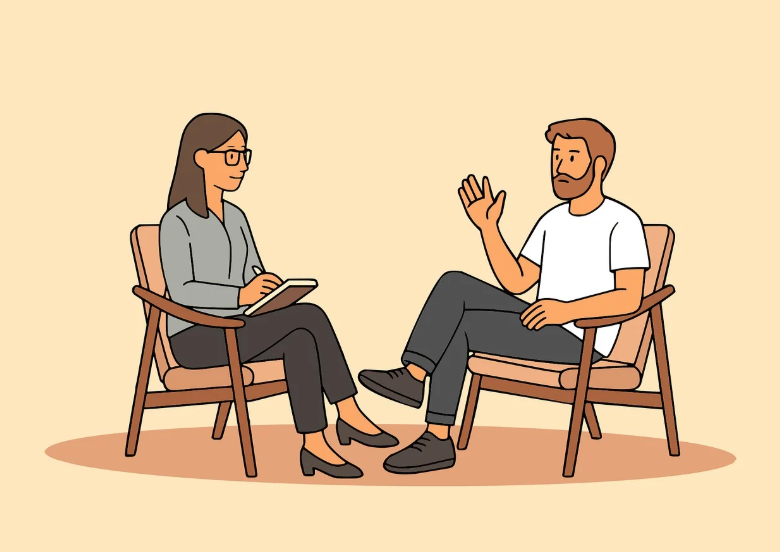 심리상담 필요성 비교 (서양문화, 정서차이, 자아회복), 상담사와 내담자가 마주 앉아 심리상담을 진행하는 장면