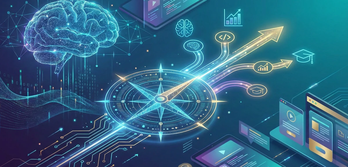 2026년 AI 온라인 교육을 통한 커리어 성장 로드맵을 상징하는 디지털 일러스트. 빛나는 나침반이 중앙에 있고, 인공지능 뇌 모형과 연결된 회로가 상승하는 화살표를 따라 코딩, 데이터 분석, 학위 아이콘으로 뻗어나간다. 주변에는 다양한 온라인 학습 플랫폼 화면을 보여주는 태블릿과 노트북이 배치되어 있다.