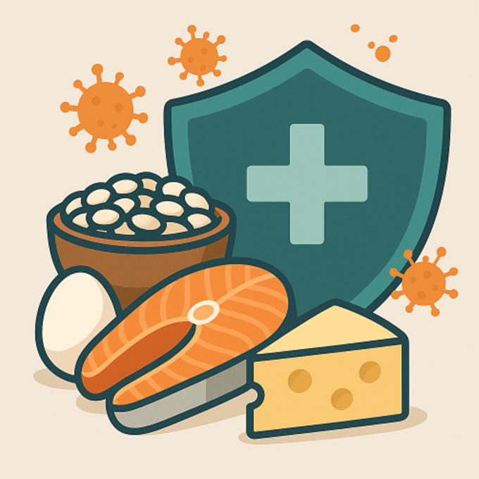 단백질 식품과 면역 세포 아이콘이 결합된 면역력 상징 일러스트