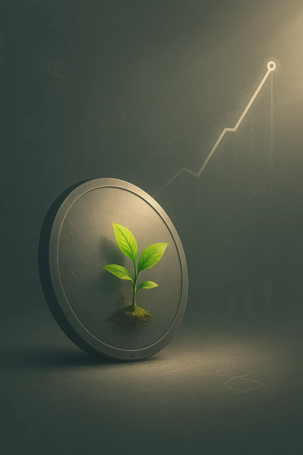 안정적인 금속 방패 위에 자라나는 새싹과 함께, 서서히 상승하는 그래프가 함께 나타난 채권 투자 비유 일러스트