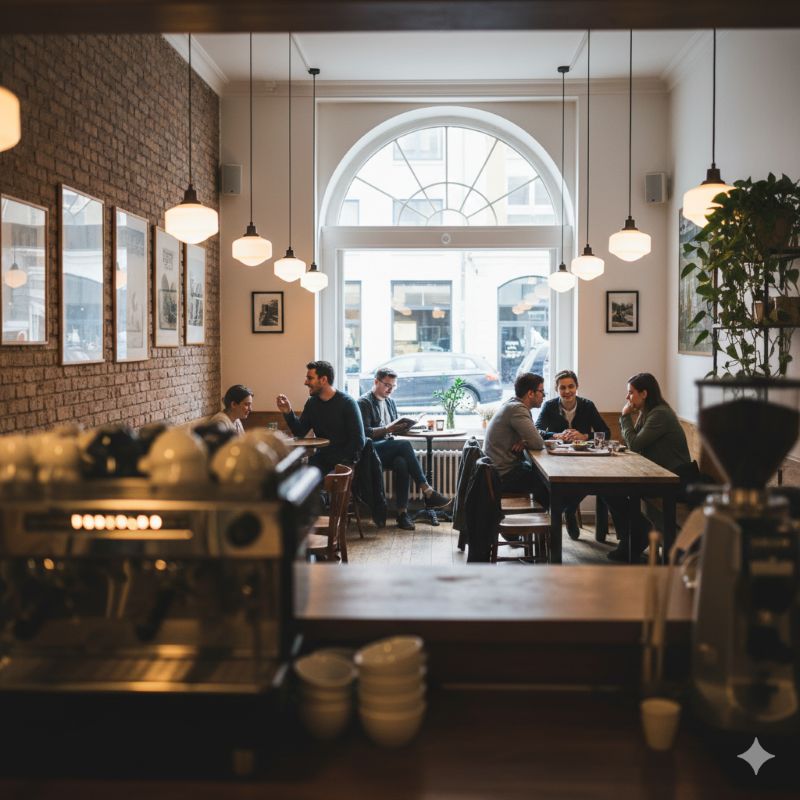 카페 카운터 뒤에서 바라본 매장 전경, 여러 손님들이 각자 좋아하는 자리에 앉아 여유를 즐기는 모습