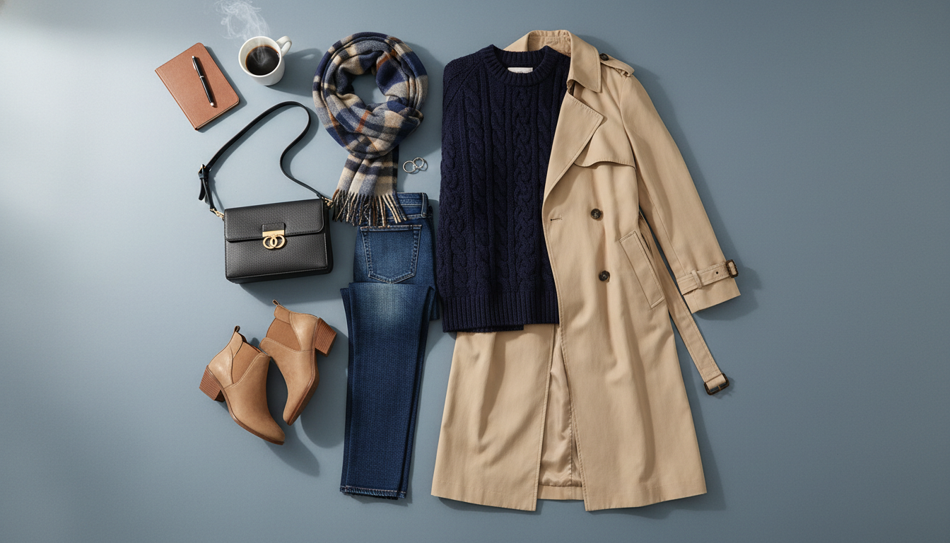 12도 기온에 적합한 베이지 트렌치코트와 네이비 니트, 청바지가 조화롭게 배치된 데일리룩 코디 이미지