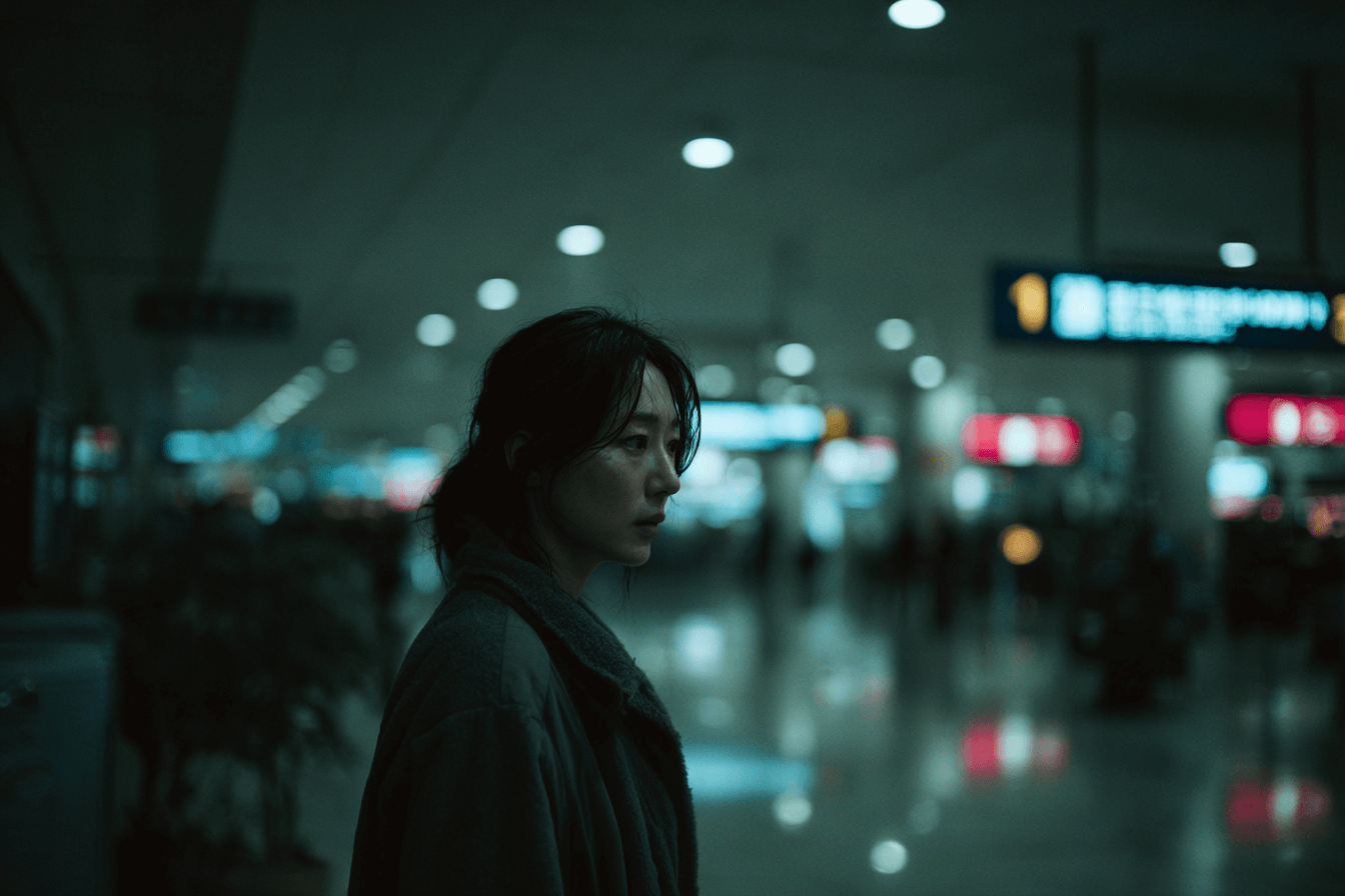 넓은-공공장소에-서-있는-심각한-표정의-여성