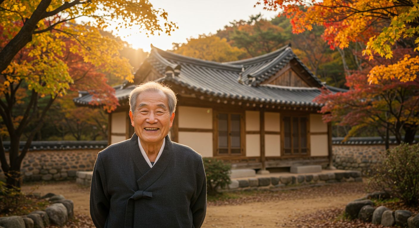 주택 앞에서 미소 짓는 한국 노인