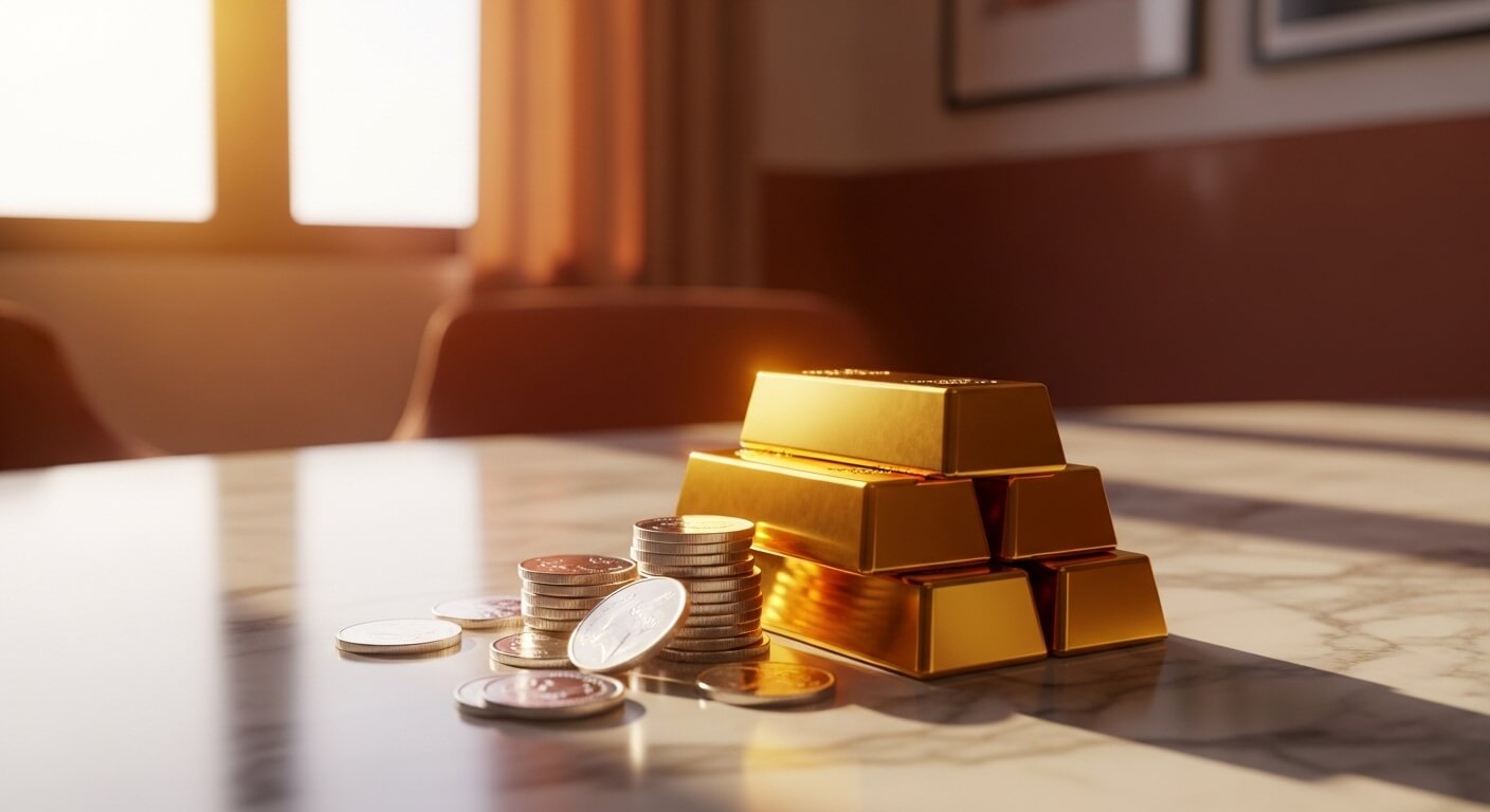 테이블위에 금괴와 은코인이 있다