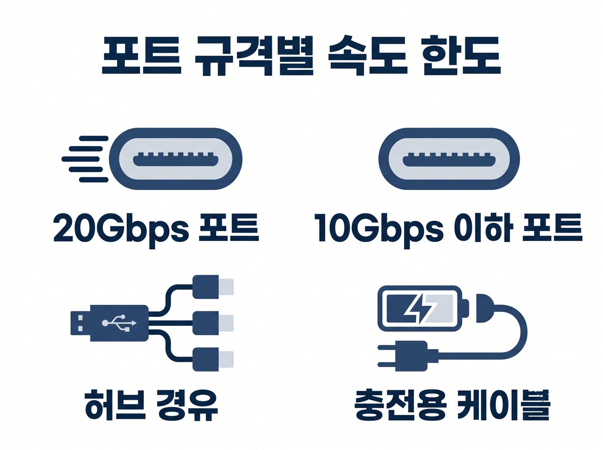 포트 규격별 속도 한도: 20Gbps 포트, 10Gbps 이하 포트, 허브 경유, 충전용 케이블