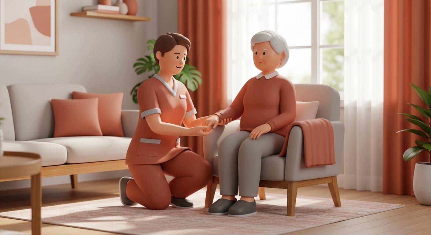 노인이소파에앉아있고 남자가 무릎을 꿁고 손을 잡아 부축하고 있다