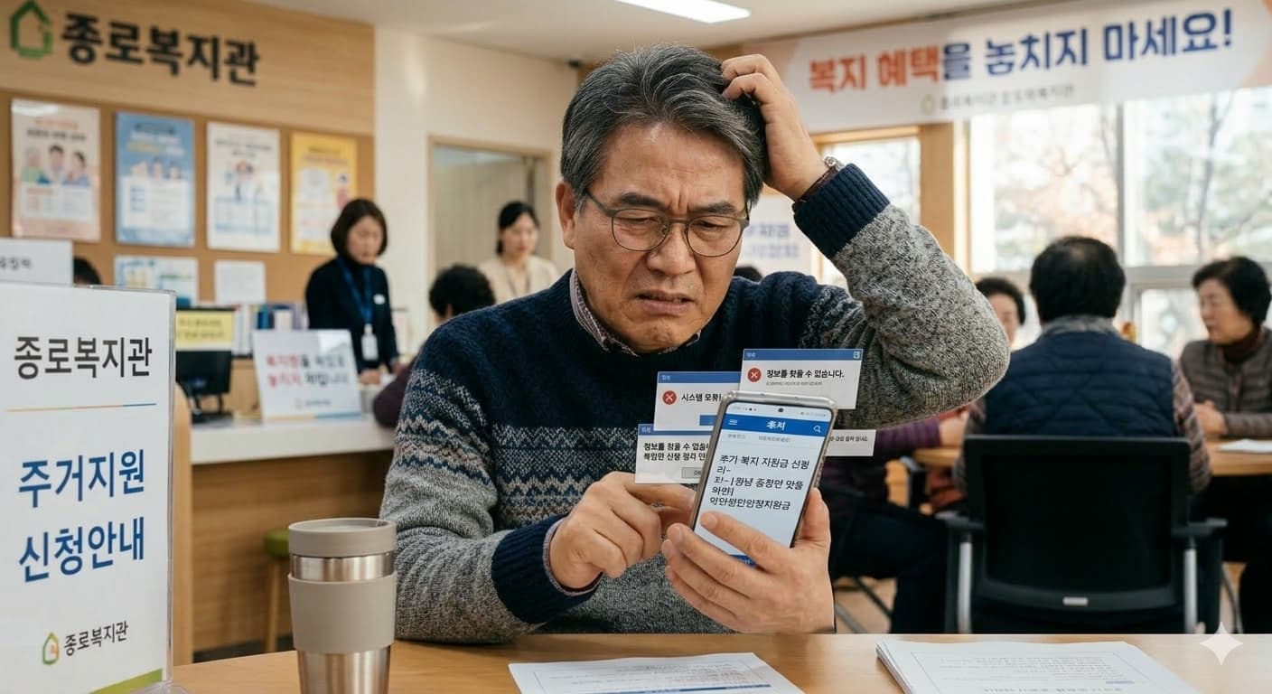 스마트폰으로 복지 정보를 검색하다 복잡한 용어와 광고성 정보 때문에 지치고 혼란스러워하는 중장년 남성의 모습