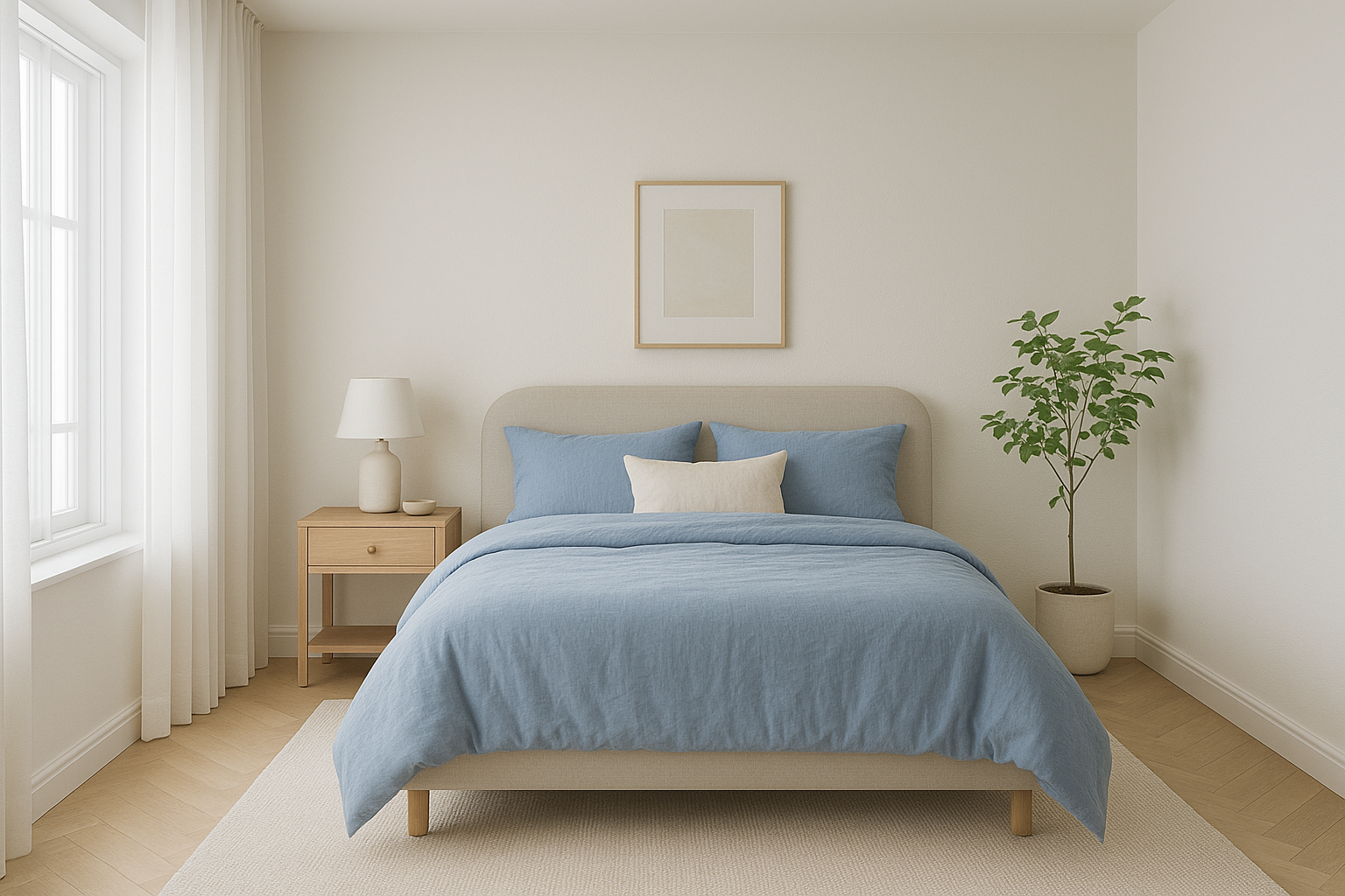 블루 컬러 침구와 화이트 커튼이 어우러진 침실 이미지