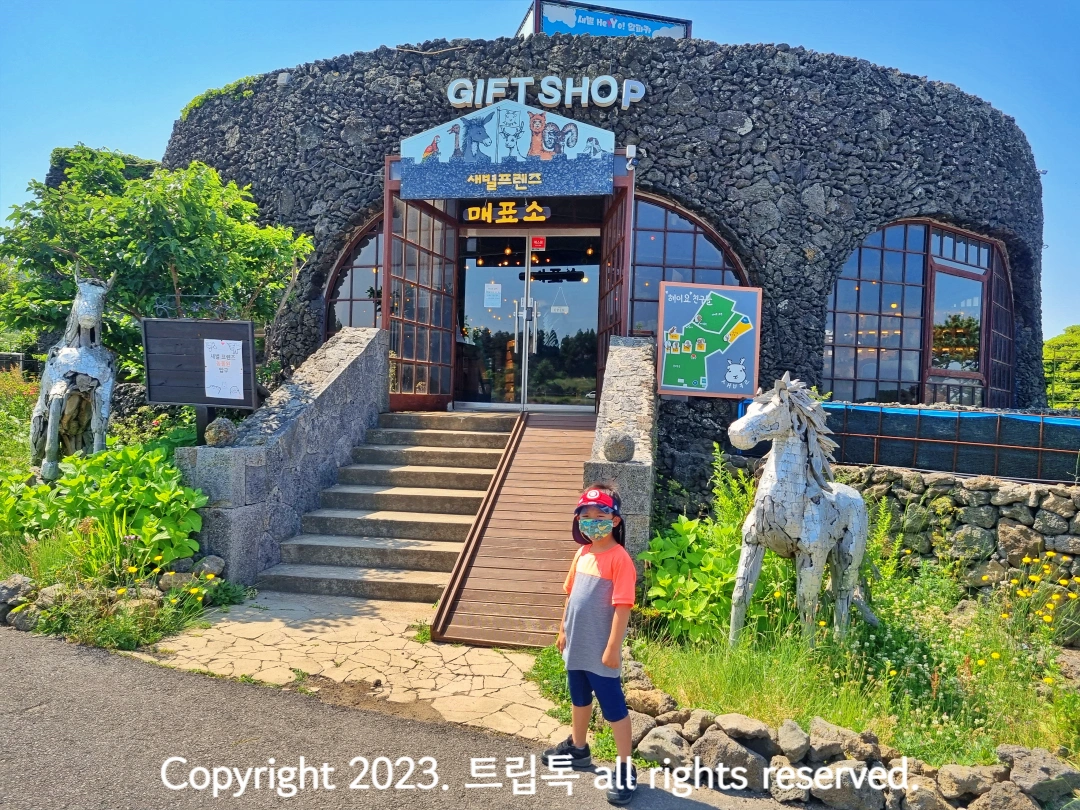 검은 현무암으로 덮힌 건물 앞에 계단이 있고 그 옆에 말 조각상과 아이가 있다.