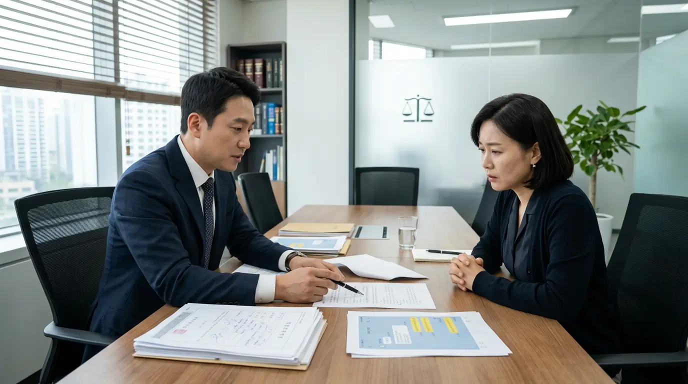 밝고 정돈된 변호사 사무실 내부에서 정장을 입은 변호사가 40대 여성 의뢰인에게 수사 보고서와 카카오톡 캡처 뭉치를 보여주며 진지하게 대면 상담을 진행하는 모습