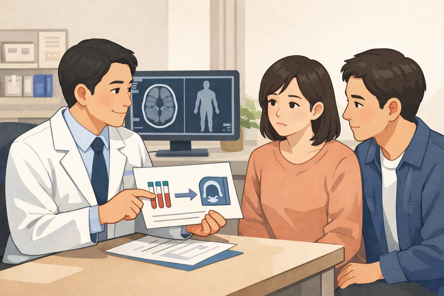 췌장암 혈액검사 이후 어떤 상황에서 추가검사와 상담이 필요한지 의사 설명과 영상검사 흐름으로 이해하도록 돕는 이미지