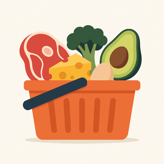 저탄고지식당 장보기 바구니안에 아보카도 고기 치즈 계란이 있다