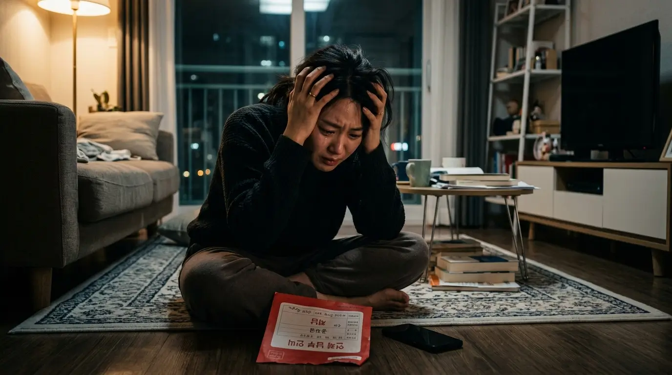 거실 바닥에 앉아 붉은색 독촉장 봉투와 화면이 꺼진 스마트폰을 번갈아 보며 불안해하는 30대 여성