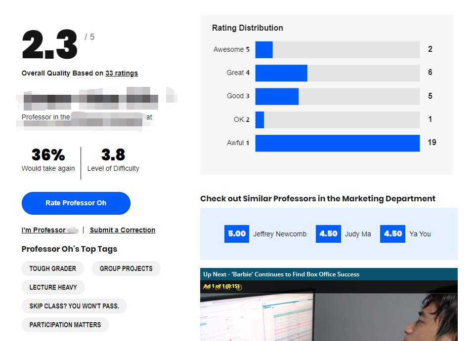 RMP에서 교수를 평가한 결과 화면, 5점 만점에 2.3을 받았다.