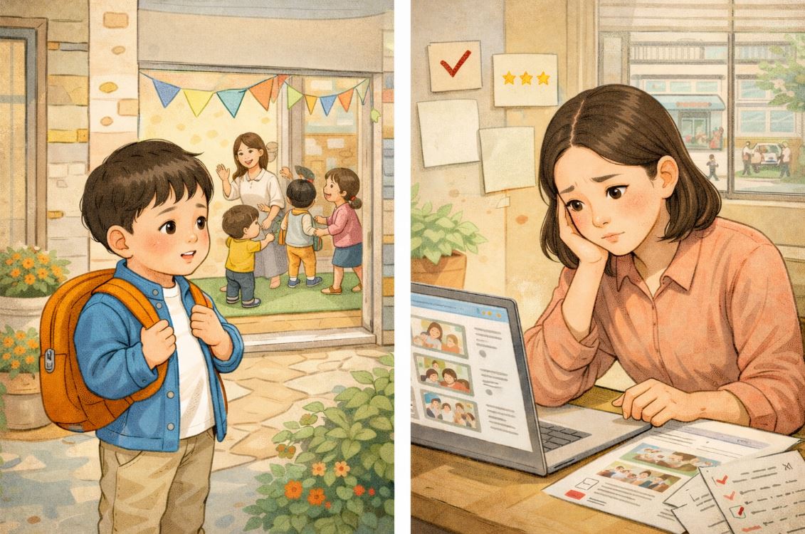 좋은 어린이집이 있는지 찾고 있는 엄마의 모습