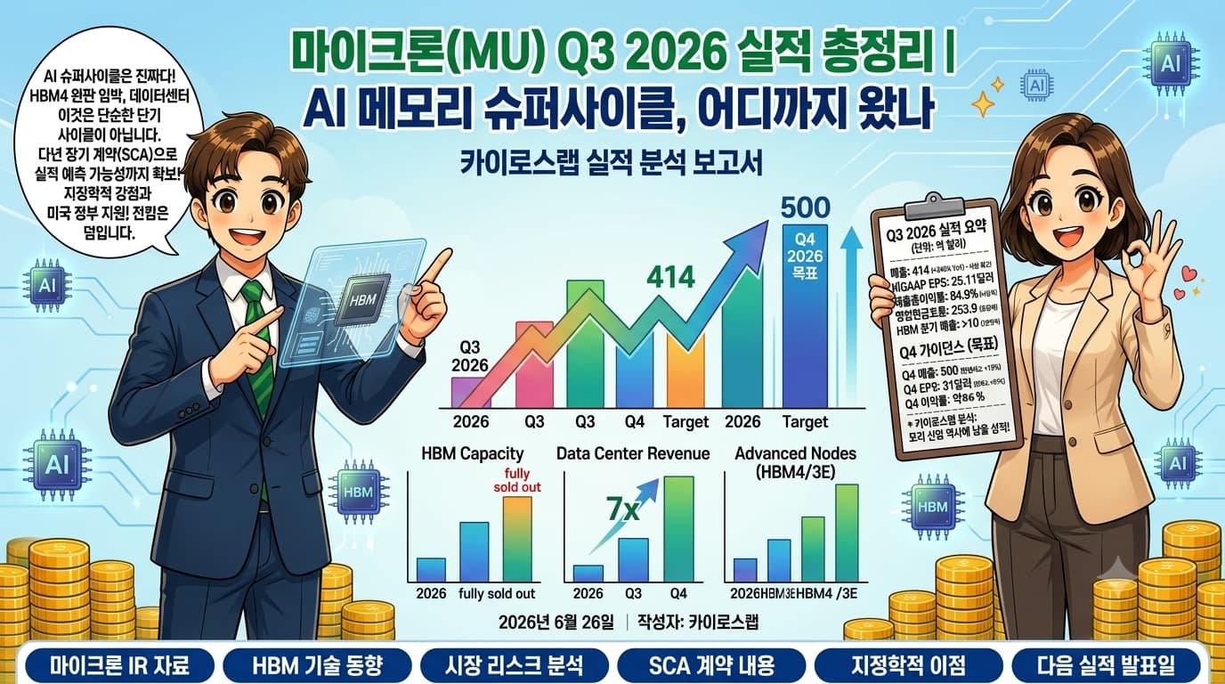 마이크론 MU Q3 2026 실적 총정리 매출 414억 HBM 완판 Q4 가이던스 500억 AI 메모리 슈퍼사이클 인포그래픽