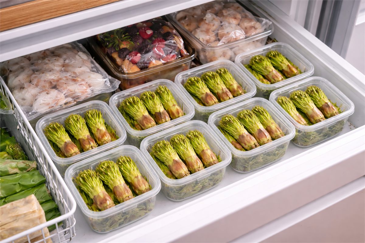 소분한 두릅을 냉동실에 정리해 둔 장면