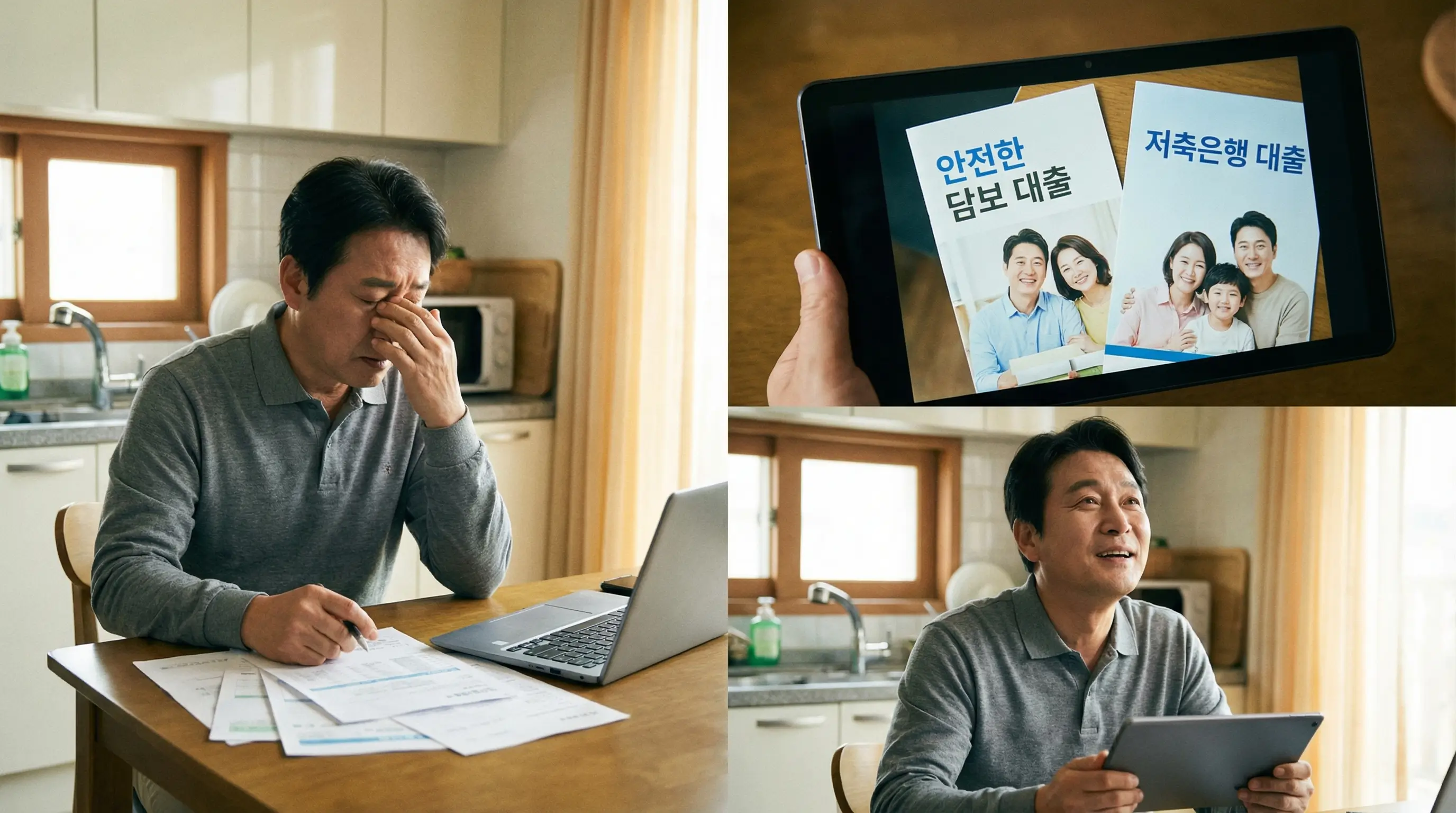 개인회생 중 자금난으로 고민하는 사람에게 안전한 담보 대출과 저축은행 대출이라는 희망적인 대안을 제시하는 모습