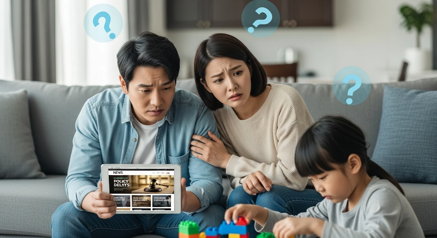 뉴스 화면을 보며 혼란스러운 표정으로 걱정하는 한국인 부모와 그 옆에서 놀고 있는 8세 아이의 모습.