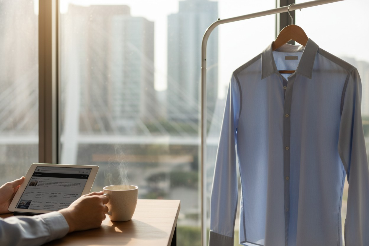 출근 전, 아침 햇살이 들어오는 창가의 책상에서 커피를 마시며 뉴스를 보고 있는 모습