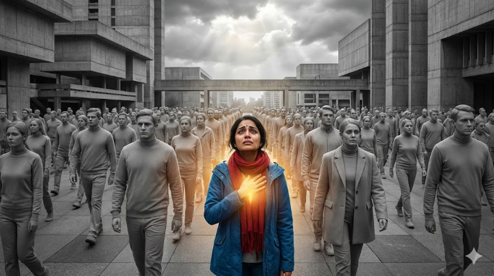 흑백의 무표정한 군중 속에서, 주인공 하리만이 유일하게 컬러로 표현되어 눈물을 흘리며 하늘을 올려다보는 장면. 그녀의 심장 부근에서 따뜻한 빛이 퍼져 나가는 연출. 시스템의 통제를 벗어나 진정한 자아를 각성하는 주인공의 모습을 극적으로 대비시킵니다.