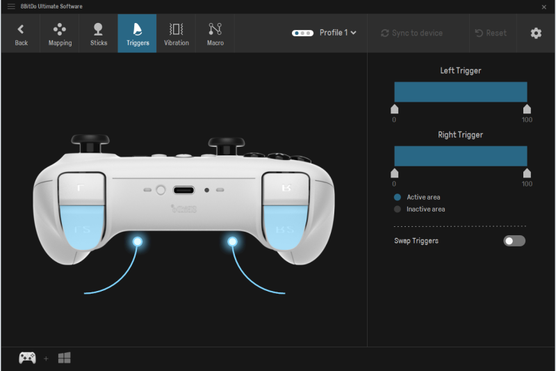 8BitDo 앱에서 RS/LS 스틱 매핑 설정 화면