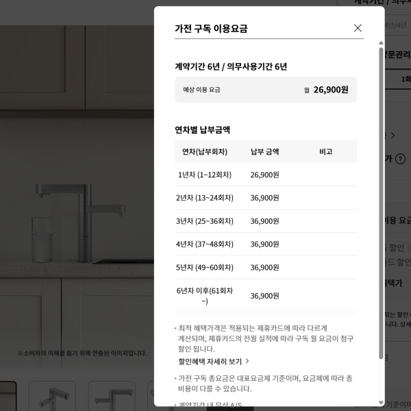정수기 이용요금표입니다.