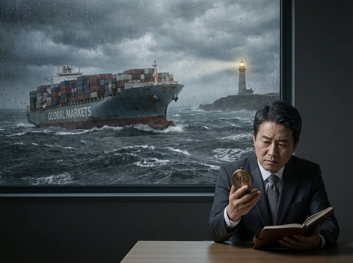 폭풍우가 치는 바다 위에서 등대를 향해 나아가는 거대한 배와 투자자가 나침반을 들고 고민하는 은유적인 이미지