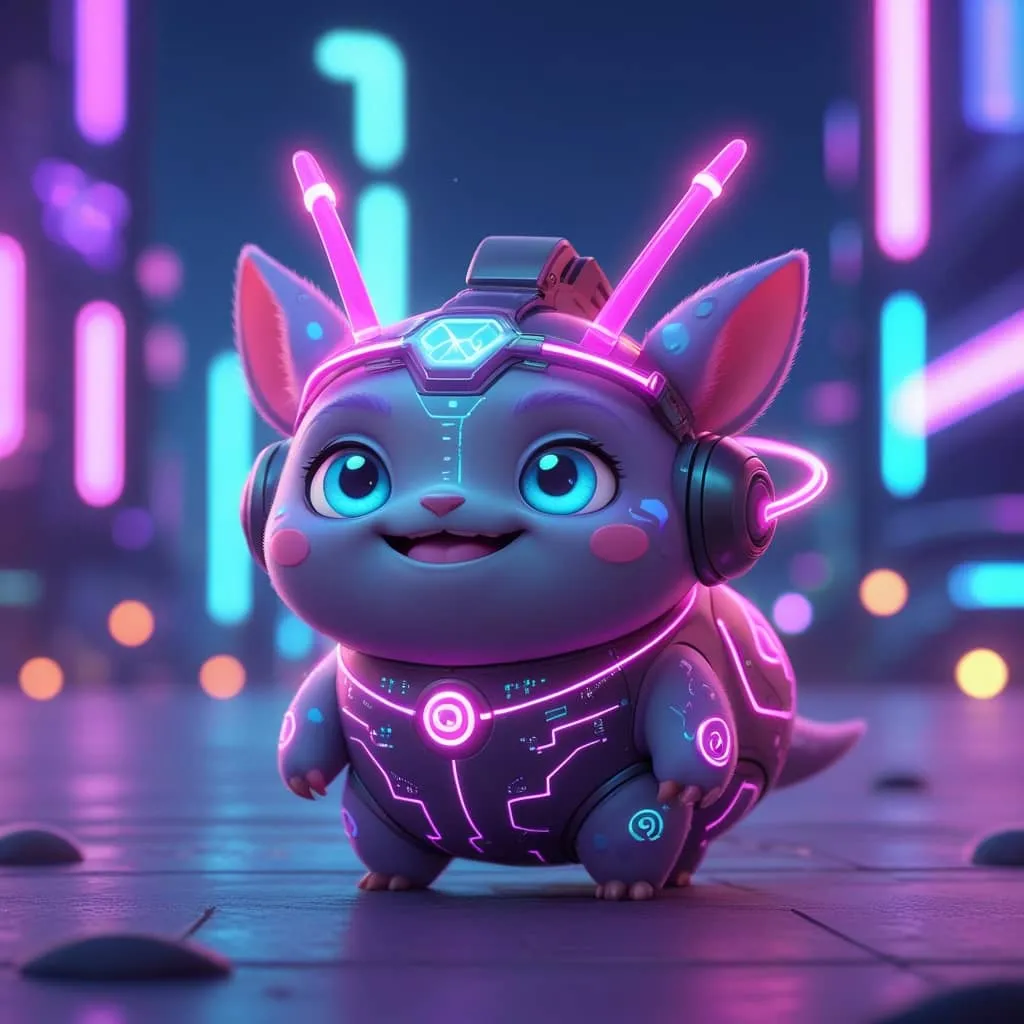 게임파이의 대표주자 엑시 인피니티의 게임 캐릭터인 사이버 펑크 스타일의 아기 공룡 이미지.