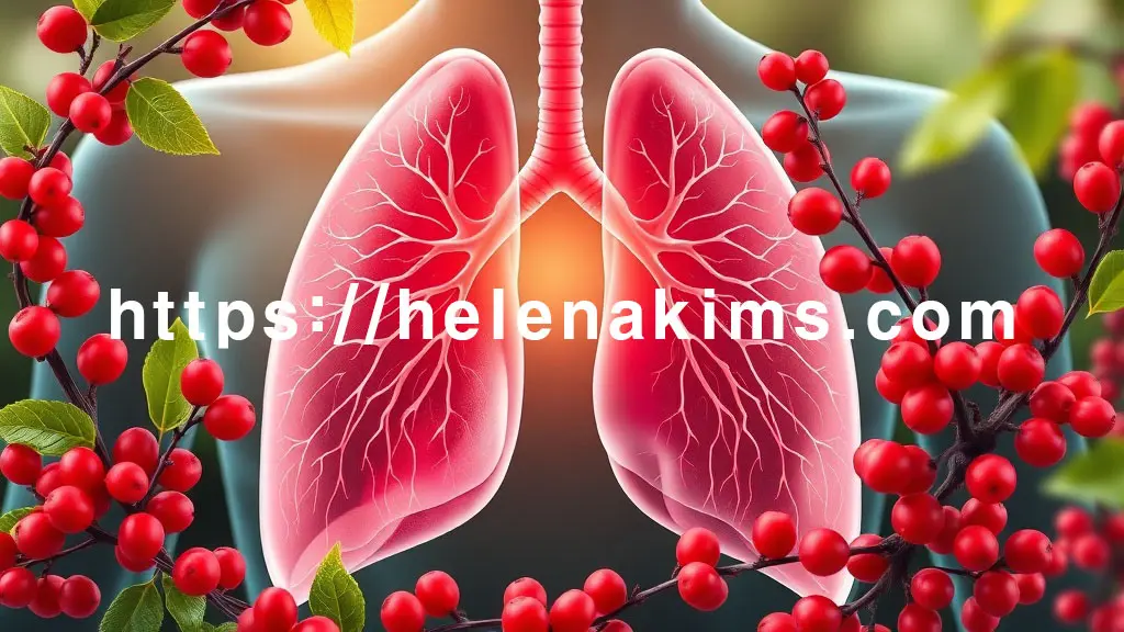깨끗하고 건강하게 빛나는 인간 폐와 기관지 구조를 중심으로, 그 주위를 부드럽게 감싸는 오미자 열매들. 오미자가 기관지를 보호하고 기침과 천식을 완화하는 효과를 시각적으로 은유한 이미지.