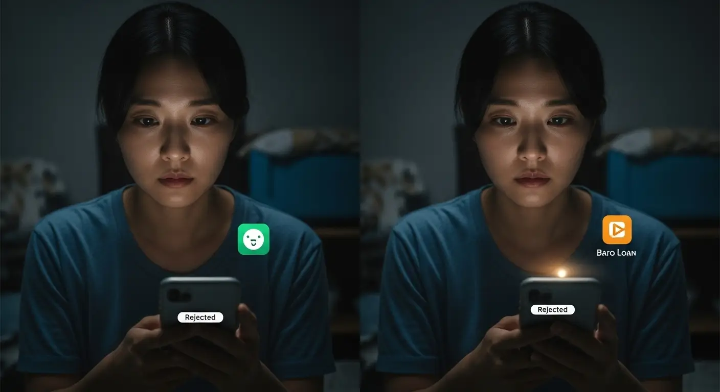 어두운 배경 속에서 '바로바로론'이라는 희미한 빛(대안)을 발견하는 한국인 사용자