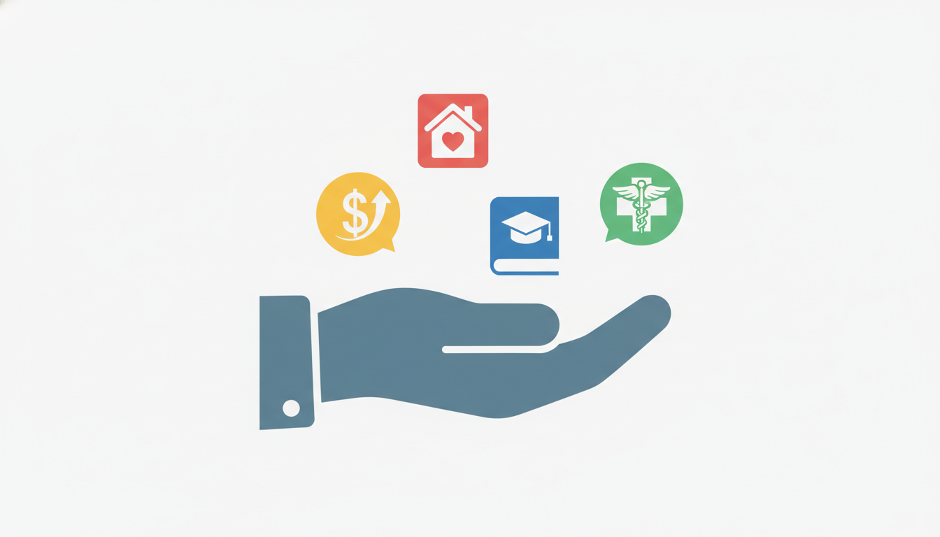 다양한 지원 서비스를 상징하는 아이콘들(돈, 집, 책, 의료)을 큰 손이 제공하는 모습의 추상적인 그림.