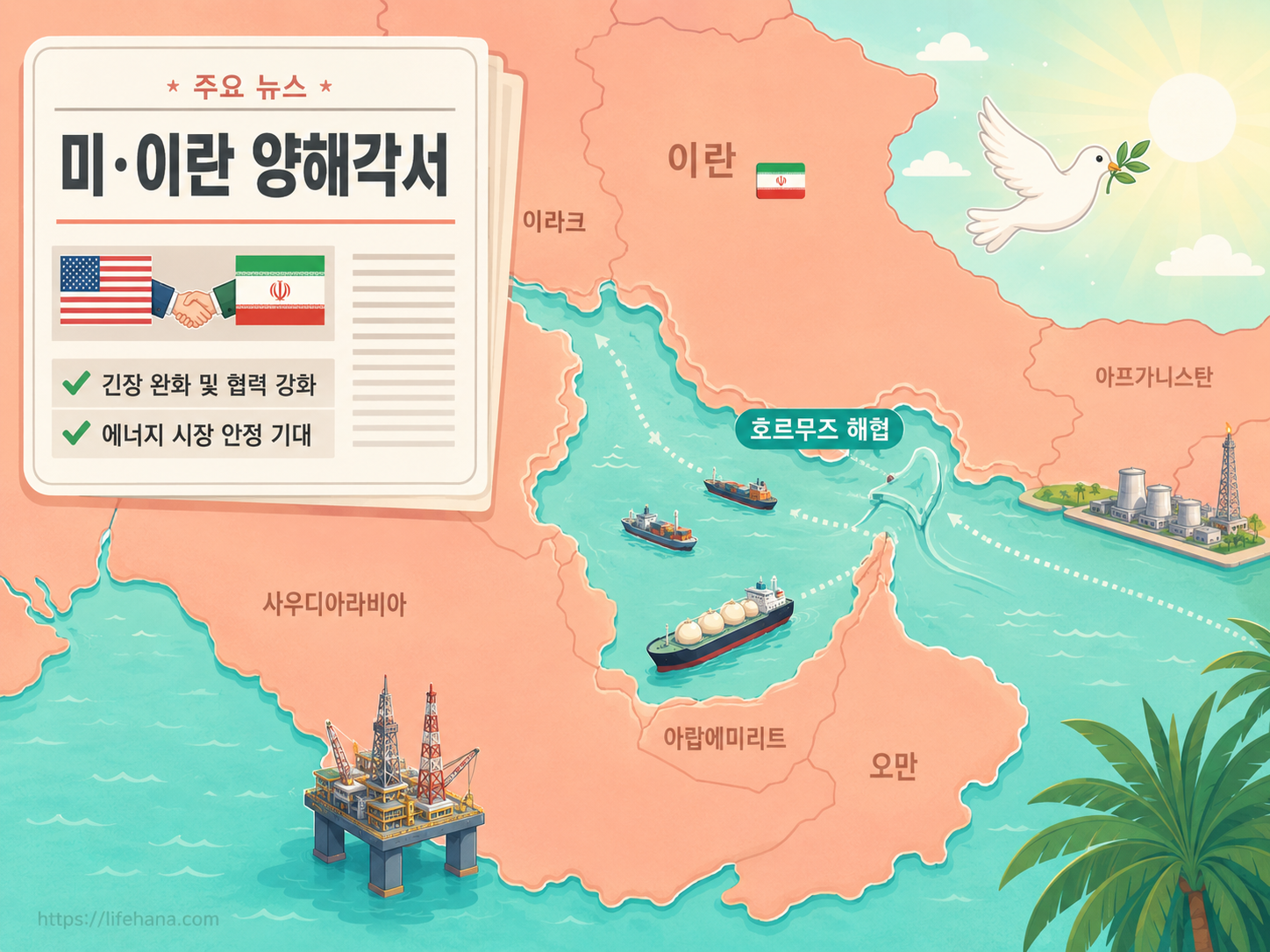 중동 호르무즈 해협 지도 및 미국-이란 양해각서 관련 주요 뉴스 헤드라인 캡