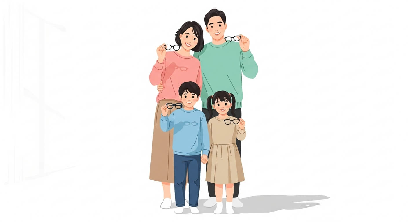 가족이 새 안경을 착용하고 밝게 웃으며 함께 사진을 찍는 장면 2
