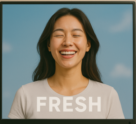 광고모델이 상쾌함을 표정으로 보여주는 모습