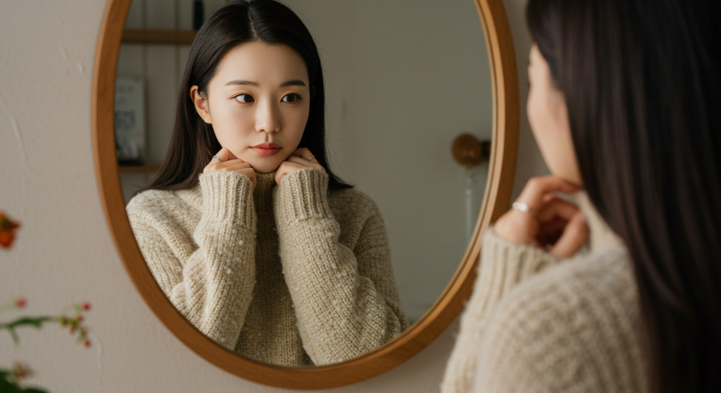 거울을 보고 있는 여성